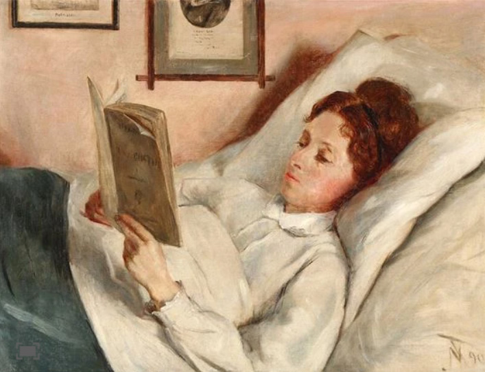 https://commons.wikimedia.org/wiki/File:Nicoline_Tuxen_-_Portrait_of_a_woman_reading_in_bed.jpg